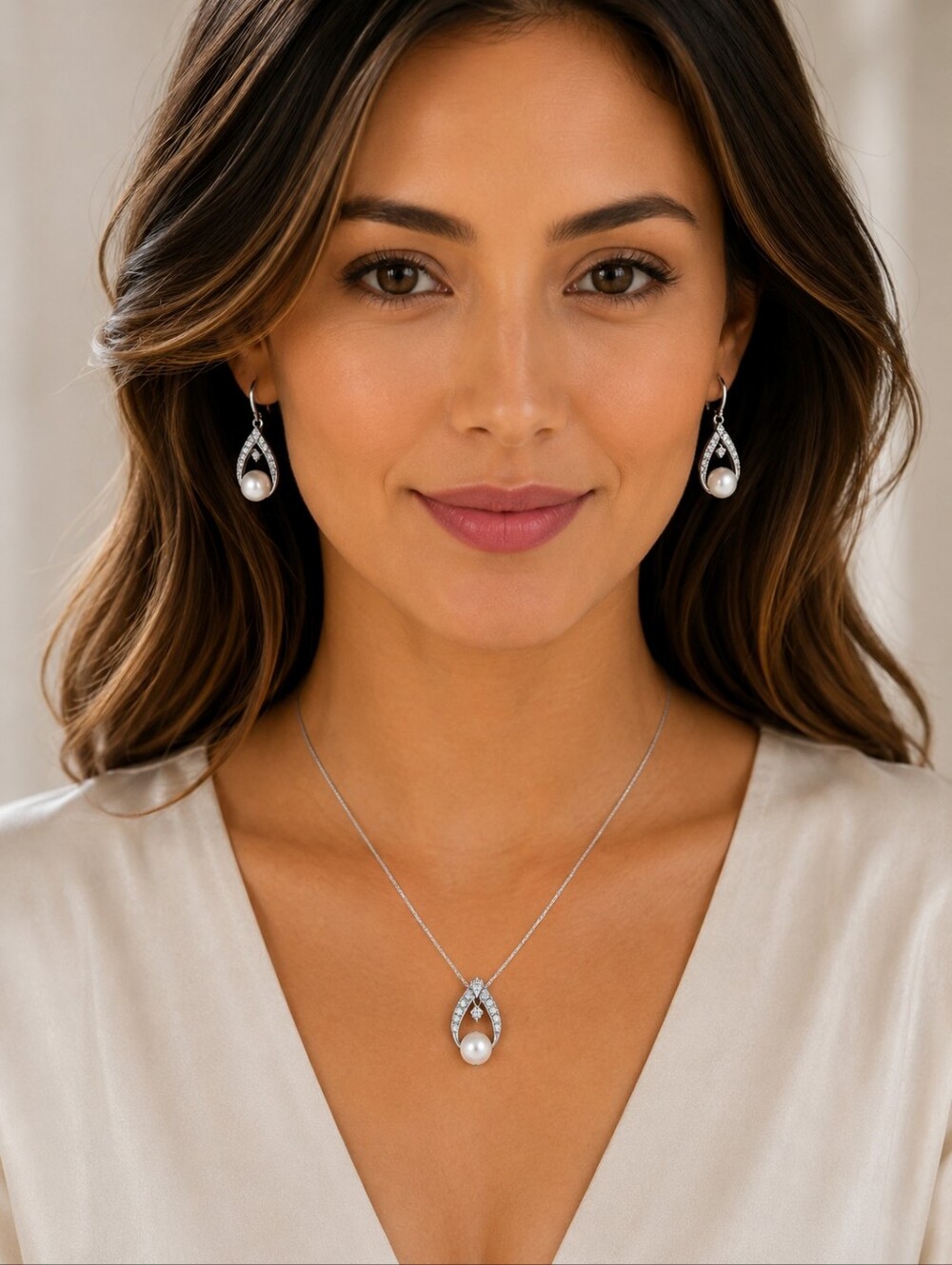 Vtg 14K White Gold Cultured Pearl & Diamond Teardrop Jewelry Set